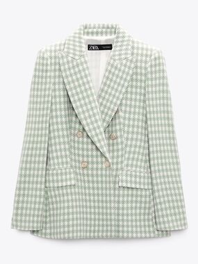 NWT Zara Double-Breasted Houndstooth Blazer in Light Green